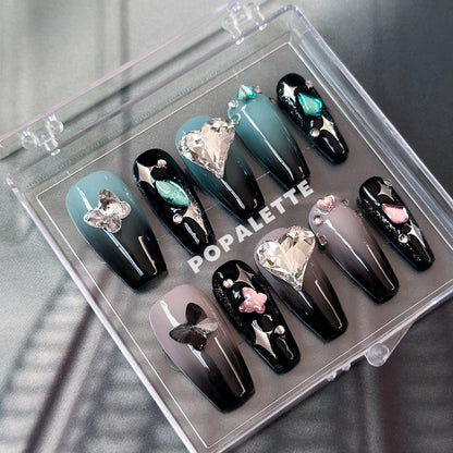 Pop Rock Diamond Heart Butterfly Charms in Blue & Pink - POPALETTE 3D Handmade Press On Nails