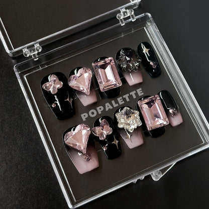 Pop Rock Diamond Heart Butterfly Charms in Pink - POPALETTE 3D Handmade Press On Nails