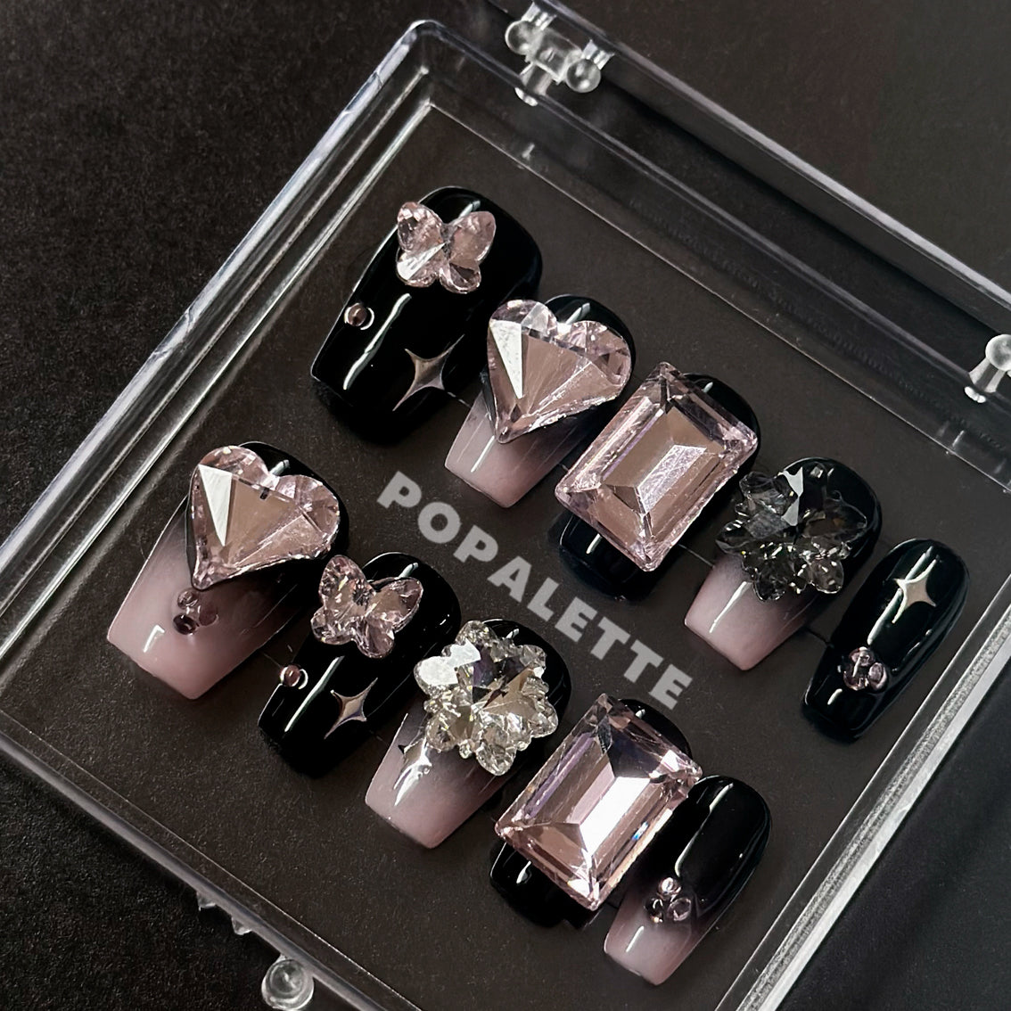 Pop Rock Diamond Heart Butterfly Charms in Pink - POPALETTE 3D Handmade Press On Nails