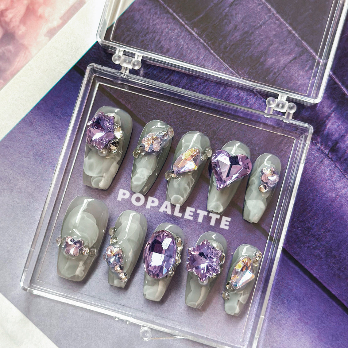 Glam Glitzy Purple Diamond in Coffin Shape - POPALETTE  3D Luxury 100% Handmade Press On Nails Reusable