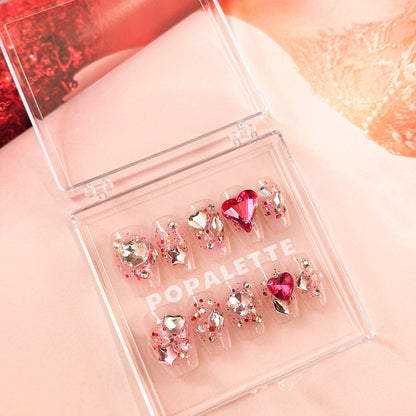 Raspberry Burst with Pink Heart Diamond Charm - POPALETTE Handmade Press On Nails