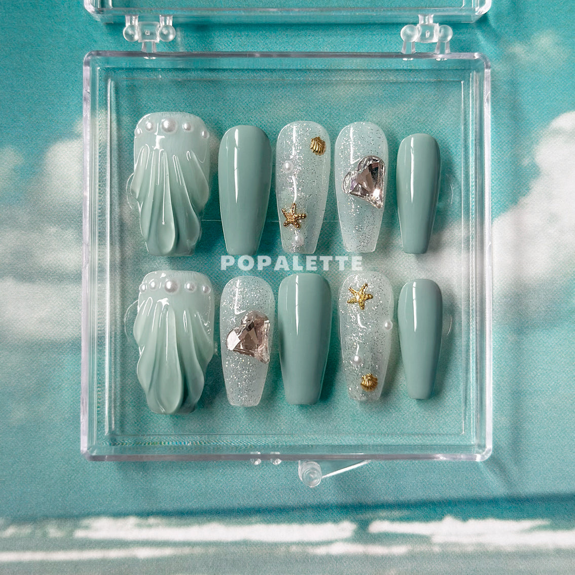 Pastel Blue & Green Summer Sea Shell Ocean Press On Nails - POPALETTE