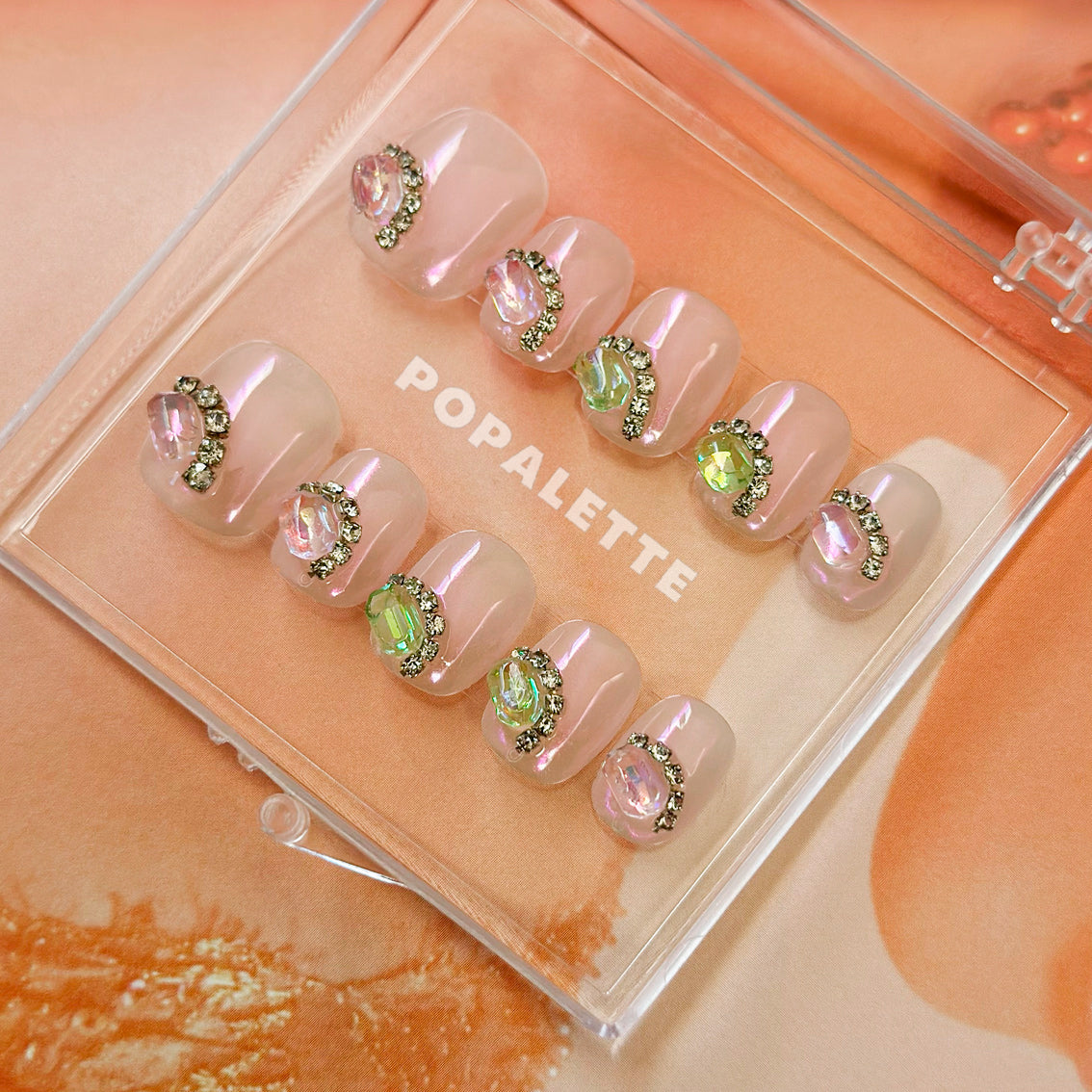 POPALETTE Sweet Sugar Cubes (Pearlescent) Diamond Charms Press On Nails 100% Short Round Shape - Handmade Press On Nails Reusable