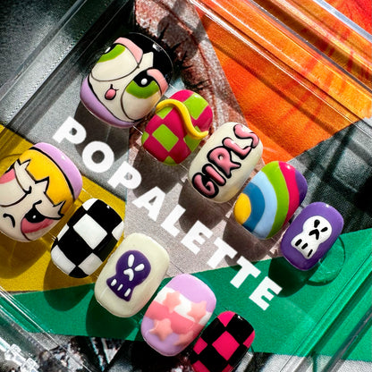 POPALETTE Handpainted Power Puff Girls - Handmade Press On Nails
