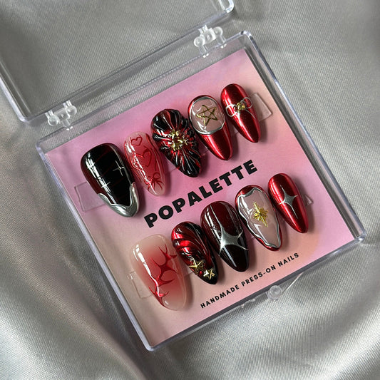 POPALETTE BLOOD HOLLOW  - 100% Handmade Luxury 3D Press On Nails in Mid Almond Shape Reusable
