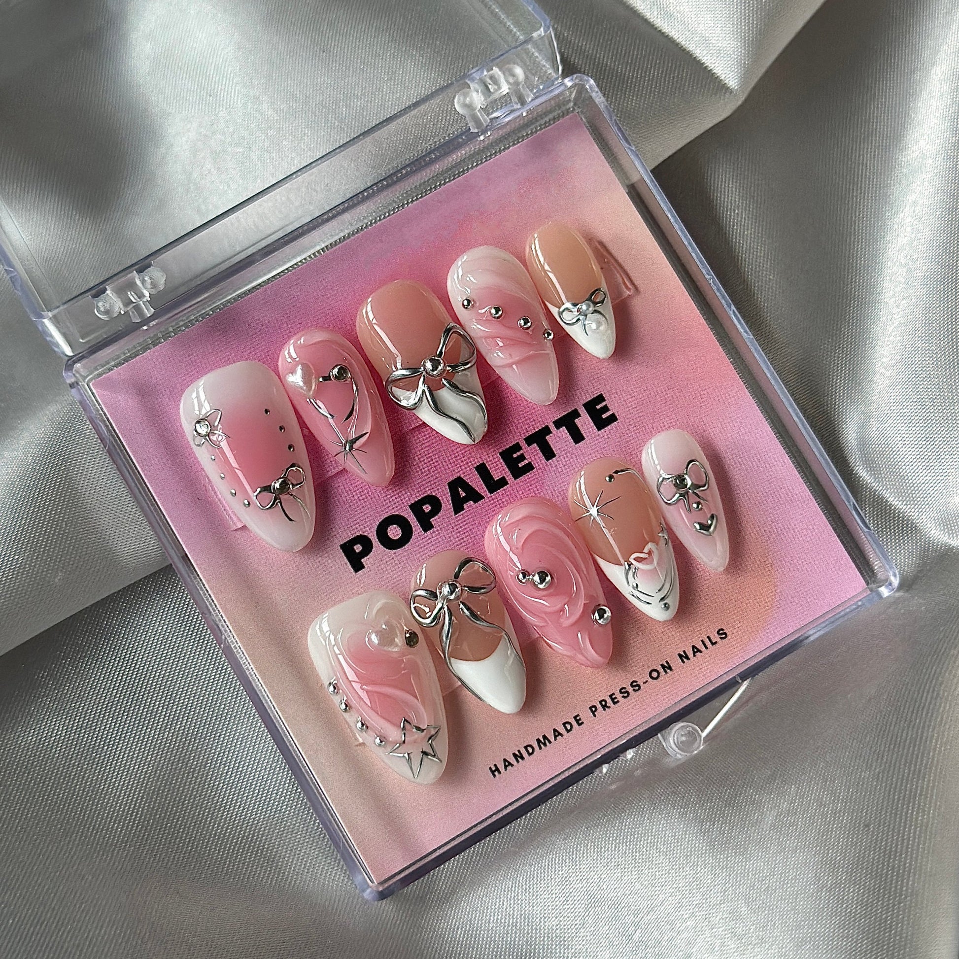 POPALETTE CHROME BOW  - 100% Handmade Luxury 3D Press On Nails in Almond Shape Reusable